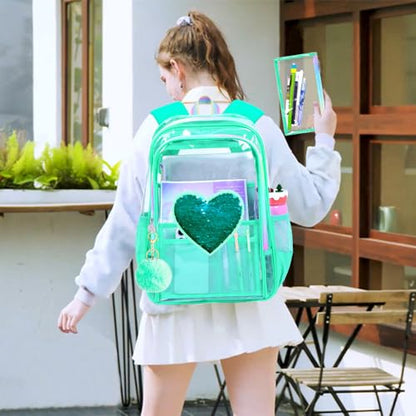 gxtvo 3PCS See Through Backpack Heavy-Duty Set for Women & Teen Girls, 17" Clear Bookbag with Rainbow Strap, Green Sequins Transparent School Bag - color: Green Sequins Clear Backpack Set