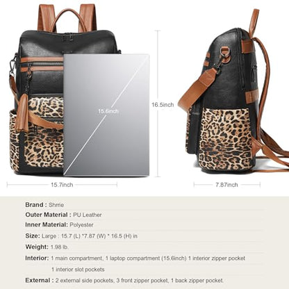 Shrrie 15.6 inch Laptop Backpack for Women,Large Leather Purse,Travel Backpacks Carry on,Water Resistant Casual Laptop Backpacks,College Backpack,Work Backpack for Women,Two-toned Deep Gray - color: Black With Leopard