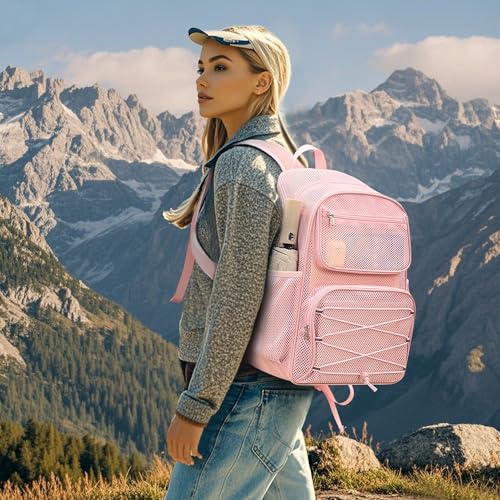 Paxiland Mesh Backpack Heavy Duty See Through Mesh Bookbag Large Backpack for Travel Swimming Outdoor Sports Beach, Pink - color: Pink-27l