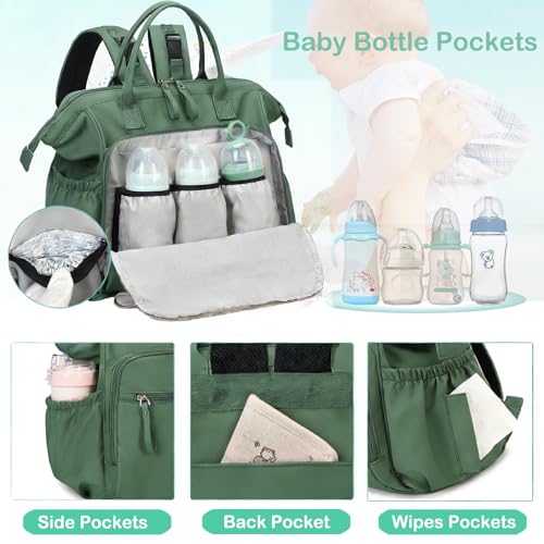 LORADI Large Diaper Bag Tote, Hospital Bag, Baby Shower Essential | 14 Pockets, Convertible, Stroller Clips, 3 Insulated Pockets, Water-resistant, Easy to Clean - color: Green, size: Large-20L