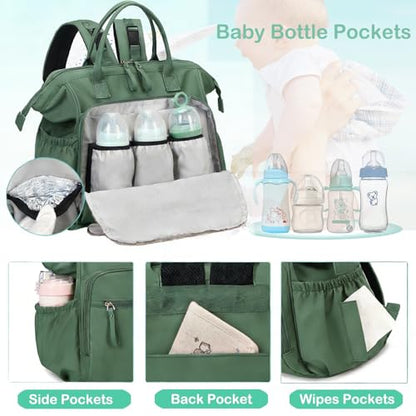LORADI Large Diaper Bag Tote, Hospital Bag, Baby Shower Essential | 14 Pockets, Convertible, Stroller Clips, 3 Insulated Pockets, Water-resistant, Easy to Clean - color: Green, size: Large-20L