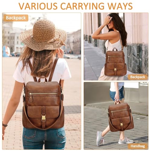 KKXIU Backpack Purse for Women - Multi-pocket Leather backpack for Travel, Work & School with Anti-Theft Lock Pocket, Luggage Strap & Water Bottle Pockets - 13x14x5.2 Inch (B-Brown) - color: B-brown