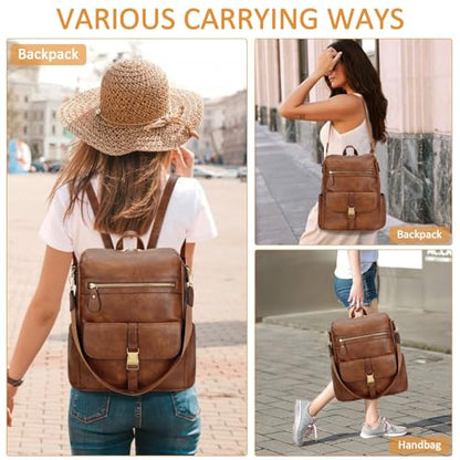 KKXIU Backpack Purse for Women - Multi-pocket Leather backpack for Travel, Work & School with Anti-Theft Lock Pocket, Luggage Strap & Water Bottle Pockets - 13x14x5.2 Inch (B-Brown) - color: B-brown