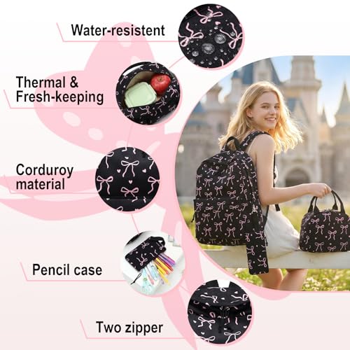 LEDAOU Kids Backpack for Girls Backpacks with Lunch Box, Lightweight Bookbag Set Elementary Middle School Back pack for 8-14 - color: A-bow Tie Black