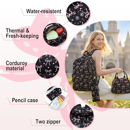 LEDAOU Kids Backpack for Girls Backpacks with Lunch Box, Lightweight Bookbag Set Elementary Middle School Back pack for 8-14 - color: A-bow Tie Black