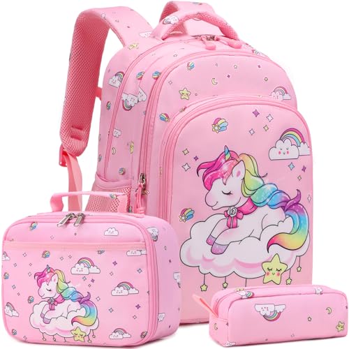 Girls Backpack for Elementary Kids School Bookbag Set Cute Unicorn Backpacks for Girls Water Resistant - color: Cloud Bright Pink