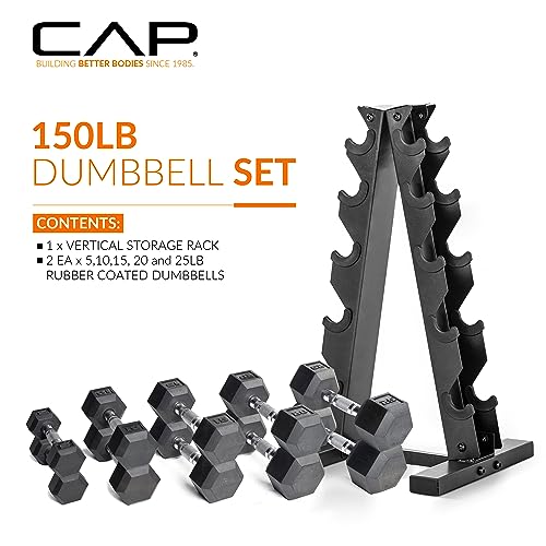 CAP Rubber Coated Hex Dumbbell Set with Storage Rack | 100–210 lb Options, Space-Saving Vertical Compact Storage for Home Gym Strength Training - size: 150 lb - Set, style: Chrome Handles