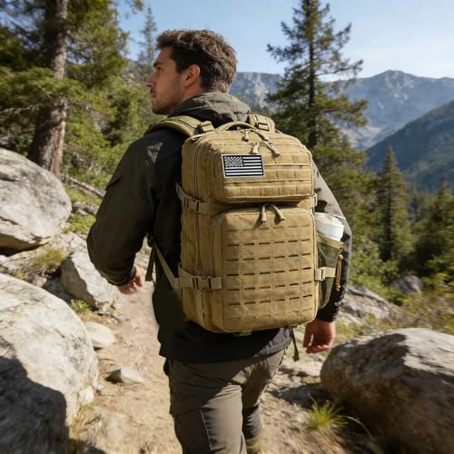 Military Tactical Backpack 45L/25L 3 Day Assault Pack Molle Daypack Hiking Backpack for Men and Women - color: Khaki-2, size: 45L