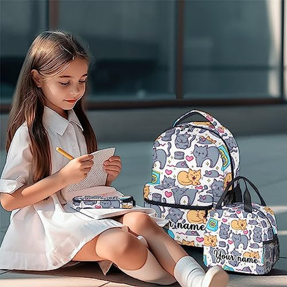 Personalized Cat Backpack with Lunch Box and Pencil Case, 16 Inch Cat Theme Bookbag with Adjustable Straps, Durable, Lightweight, Large Capacity, School Backpack for Girls Women - color: Color-1-3