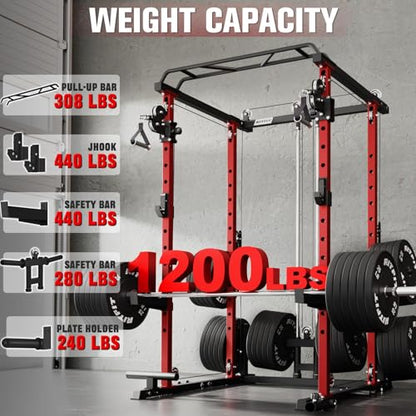 RitFit Multi-Function Garage & Home Gym Package Includes 1200LBS Power Cage PPC03/P3 with Cable Crossover System, Weight Bench, Olympic Barbell Weight Set, Full Body Workout - color: Red, style: Package 1.5K (with FBP 230lbs Plates)