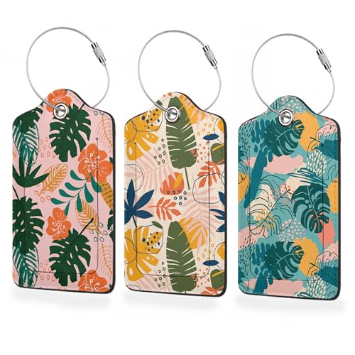 3 Pack Palm Leaves Luggage Tags,Tropical Flowers PU Leather Luggage Tags for Suitcase,Name ID Labels with Privacy Cover Suitcases and Metal Loop for Travel Bag Suitcase - color: Tropical Flowers Palm Leaves