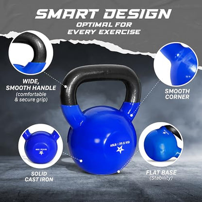 Yes4All Kettlebell, 5-100 LB Vinyl Coated Cast Iron Strength Training Kettlebells for Home Gym Exercises, Fitness, Full Body Workout Equipment, Push Ups, and Grip Strength - color: N. 65LB - Dark Blue, style: Vinyl Coated