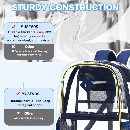 MUSEVOS Clear Backpack, Heavy Duty See Through Book Bag for Work, Security, Concerts, College Transparent PVC bookback Stadium Approved, Navy Blue - color: Navy Blue