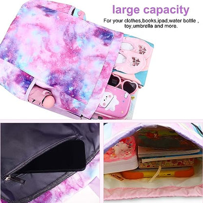 RHCPFOVR Drawstring Backpack for Kids - Mermaid Bags for Girls Gym Dance Beach Swim Travel Bag With Two Water Bottle Holde - color: Galaxy