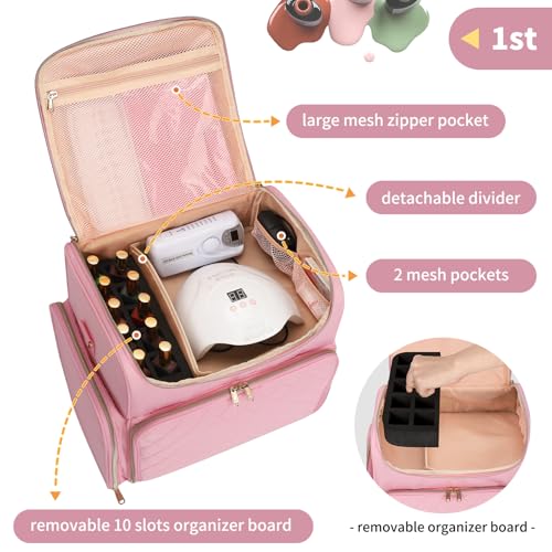 CUBETASTIC Extra Large Nail Polish Organizer Case Holds 86 to 100+ Bottles & Nail Lamp, Nail Supplies Storage Bag with 2 Removable Pouches, Nail Art Travel Box - color: Light Pink