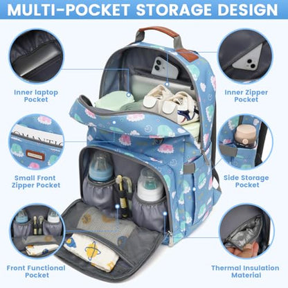 Diaper Bag Backpack, Large Baby Nappy Bags with Portable Changing Pad for Boys and GirlsMultifunction Travel Baby Bag for Moms Dads, Shower Gifts Waterproof and Stylish - color: Blue