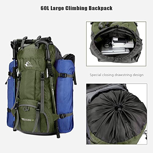 Bseash 60L Waterproof Hiking Camping Backpack with Rain Cover, Large Outdoor Sport Travel Daypack Rucksack for Climbing - color: Army Green