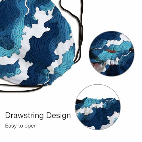 Drawstring Bag Blue Sea Wave Waterproof Basketball Bag Abstract Lines Classic Beautiful Texture Stroage Shoes Ball - color: Blue Sea Wave