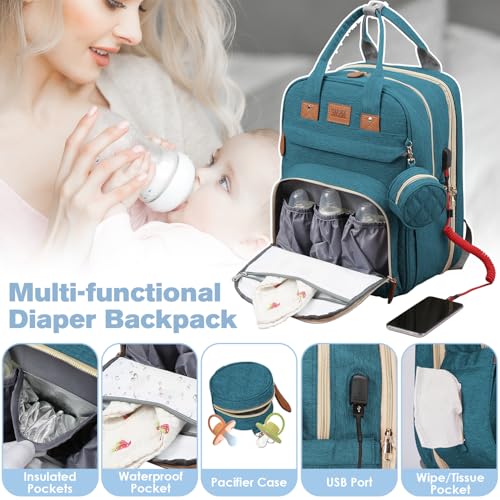 JSTPRO Diaper Bag Backpack, Large Diaper Bag with Changing Station, Baby Bag, New Mom Gifts, Lightweight Waterproof Unisex Diaper Bag with Insulated Pockets and USB Charging Port, Cyan - color: Blue