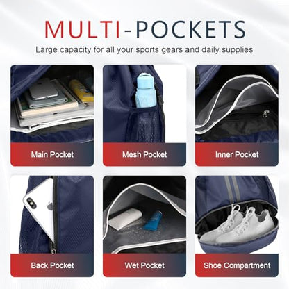 PinCute Drawstring Backpack for Women Men, Gym Bag for Soccer, Basketball, Swim, Beach, Water-Resistant Sports Backpack with Wet Pocket and Shoe Compartment, Navy Blue - color: Navy Blue