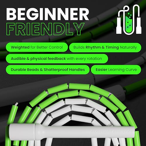 Beaded Jump Rope – Adjustable 10ft Skipping Rope for Women, Men & Kids, Beginner Friendly with Durable Weighted Beads, Shatterproof Handles, Tangle-Free for Cardio, Fitness, Freestyle & Home Workout - color: Neon Green