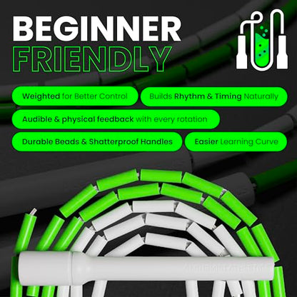 Beaded Jump Rope – Adjustable 10ft Skipping Rope for Women, Men & Kids, Beginner Friendly with Durable Weighted Beads, Shatterproof Handles, Tangle-Free for Cardio, Fitness, Freestyle & Home Workout - color: Neon Green