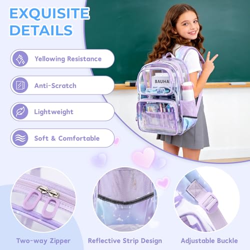 Sisipoet Clear Backpack for Girls with Cherry Blossom Print, Heavy Duty Transparent Bookbag for School, Stadium, and Concert, Purple - color: Purple