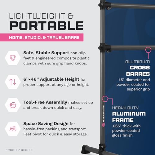 VITA Barre Portable Freestanding Double Ballet Barre, Prodigy, Aluminum | Adjustable Height, USA Made, Home or Gym Exercise Equipment for Kids & Adults | Dance, Fitness, Pilates - color: Dark Mystic Gray, style: 5 Ft