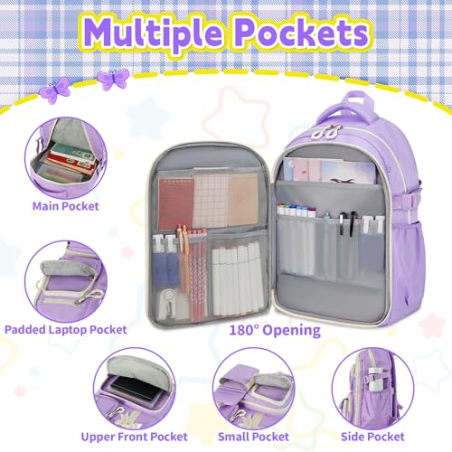 Girls Backpack with Lunch Box Set, 4 PCS Cute Kawaii School Bookbag for Elementary Girls, Purple Aesthetic Large Laptop Backpack for Kids & Teens - color: Purple