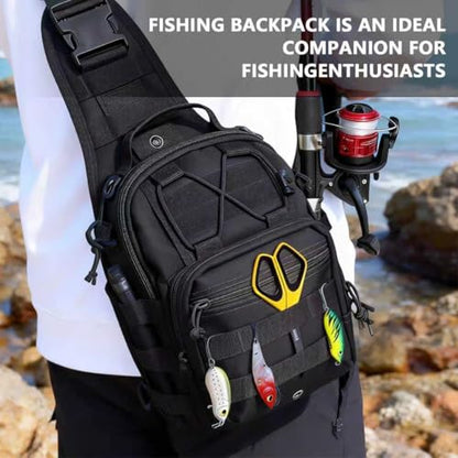 Fishing Backpack Small Fishing Tackle Storage Bag with 3 Methods of Carrying Large Capacity Sling Backpack for Outdoor Hiking Travel Hunting (Black) - color: Black