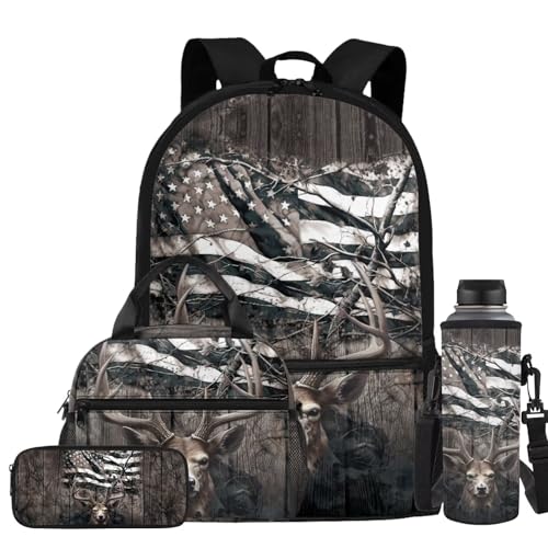 Deer USA Camo Backpack for Boys Kids Backpacks with Lunch Box Pencil Pouch and Water Bottle Holder 4PCS Set Large Capacity Elementary School Backpacks for Boys Back to School Supplies - color: Deer Usa Camo