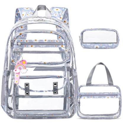 ACESAK Clear Backpack for Girls - 3 Pcs Clear Backpack Heavy Duty with Lunch Bag - See Through Bookbag Stadium Approved for Kids Middle High College School Sport Travel (Gray Daisy) - color: Gray Daisy