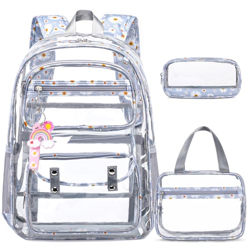 ACESAK Clear Backpack for Girls - 3 Pcs Clear Backpack Heavy Duty with Lunch Bag - See Through Bookbag Stadium Approved for Kids Middle High College School Sport Travel (Gray Daisy) - color: Gray Daisy