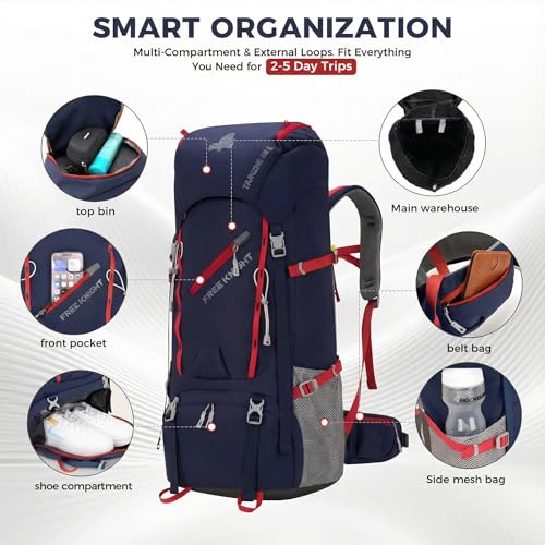 Bseash 65L Waterproof Hiking Camping Backpack with Rain Cover, Outdoor Sport Travel Daypack for Climbing Touring (Navy Blue) - color: Navy Blue