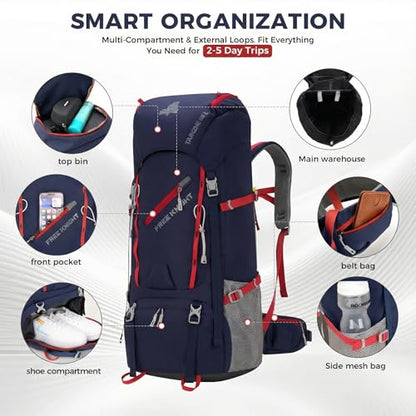 Bseash 65L Waterproof Hiking Camping Backpack with Rain Cover, Outdoor Sport Travel Daypack for Climbing Touring (Navy Blue) - color: Navy Blue