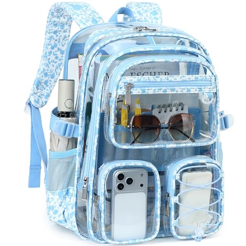Hidds Clear Backpack for Girls Women Large School Bag Heavy -duty Transparent Backpacks College See Through Bookbag for Stadium Events School Work Festival Security Cute Kids Clear Blue Back Pack - color: Blue Floral