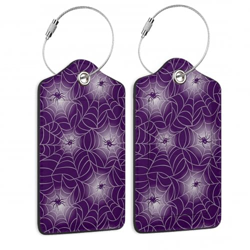 Halloween Luggage Tags Set of 2 Purple Spider Web Leather Suitcase Tags with Stainless Steel Loop and Privacy Cover for Women Men Travel Luggage Accessories - color: Halloween Purple Spider Web