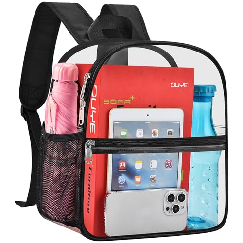 Oraben Clear Backpack Stadium Approved, Clear Bag 12 x 6 x 11 in, Small Transparent Backpack for Concerts, Sports Events, Festivals, Waterproof, Adjustable Straps, Women Men - color: Black, style: Enhanced Strap