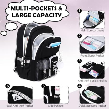 ACESAK Backpacks for Girls, Girls Backpack with Lunch Box and Pencil Case for Teen Kids Elementary Middle High School College Student, Children Backpack Bookbag with USB Charging Port (Black Plaid) - color: Black Plaid With Chain