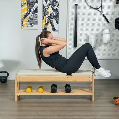 Soozier Adjustable Weight Bench with Dumbbell Rack, Wooden Workout Bench, Flat or Incline Bench for Home Gym Weight Lifting Training - color: White