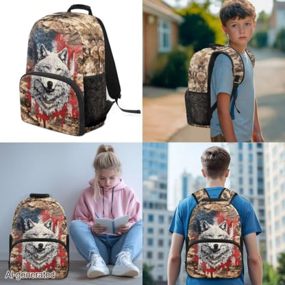 Kids Backpack for School, Branches American Flag Wolf 17 Inch Bookbag with Lunch Box Kids School Bag Set 3pcs School Daypack for Teens Boys Girls - color: Branches American Flag Wolf