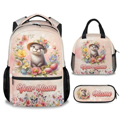 Mercuryelf Personalized Backpack for Girls, Otter 3PCS Kids Backpack Set with Lunch Bag & Pencil Case; 17 Inch Water Resistant School Bookbag for Elementary Kindergarten - color: Pink