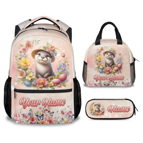 Mercuryelf Personalized Backpack for Girls, Otter 3PCS Kids Backpack Set with Lunch Bag & Pencil Case; 17 Inch Water Resistant School Bookbag for Elementary Kindergarten - color: Pink