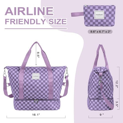 WOOMADA Weekender Bag for Women, Travel Duffel Bags with Shoe Compartment & Wet Pocket, Personal Item Bag for Airlines - color: Lavender Checkerboard