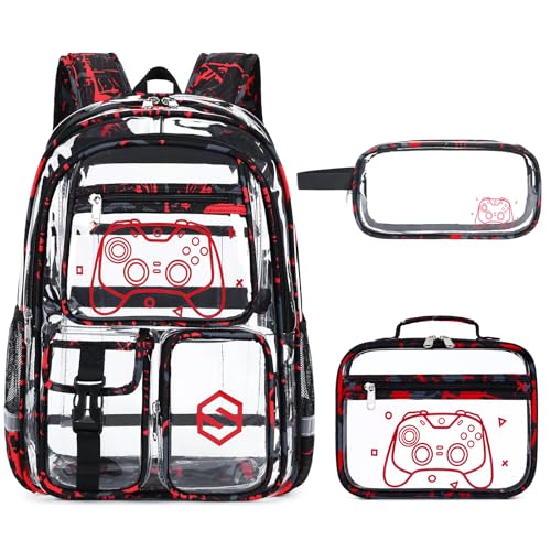 DIGOBAY 3PCS Cool Luminous Clear Backpack for Boys Kids, Gamer Clear Bookbag for School, See Through PVC Transparent Backpacks with Lunch Bag Pencil Case, Backpack Heavy Duty for School Stadium - color: Red Camo