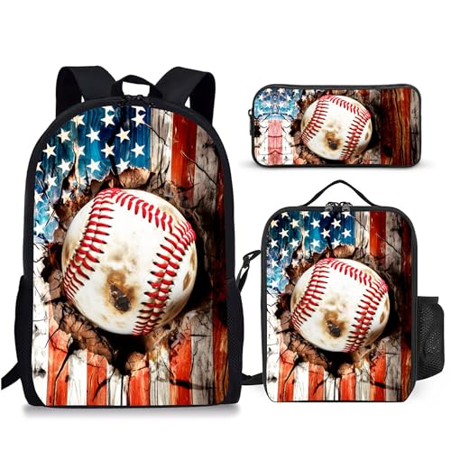 3PCS Baseball Print Backpack for Boys Girls Teens, School Backpack with Lunch Box Pencil Case for Elementary Middle High Students, 17 Inch Lightweight Bookpack 3 in 1 Set Back to Shool Gifts for Kids - color: American Flag Baseball S01