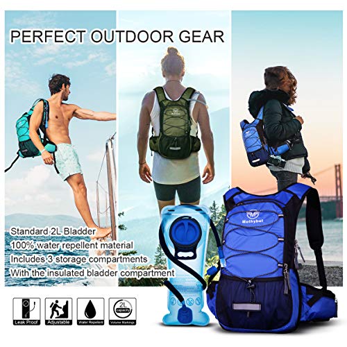 Mothybot Hydration Pack, Insulated Hydration Backpack with 2L BPA Free Water Bladder and Storage, Hiking Backpack for Men, Women, Kids for Running, Cycling, Camping - Keep Liquid Cool up to 5 Hours - color: Blue