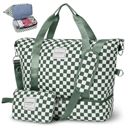 WOOMADA Weekender Bag for Women, Travel Duffel Bags with Shoe Compartment & Wet Pocket, Personal Item Bag for Airlines - color: Green Checkerboard