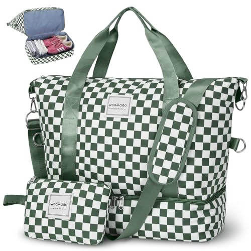 WOOMADA Weekender Bag for Women, Travel Duffel Bags with Shoe Compartment & Wet Pocket, Personal Item Bag for Airlines - color: Green Checkerboard