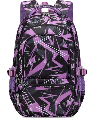 BLUEFAIRY Kids School Backpack for Boys Girls Ages 6-8 8-10 10-12 Elementary Middle School Book Bags with Laptop Compartment Mochilas Escolares para Niños Niñas de 8 10 12 Años (Purple, Geometric) - color: Purple
